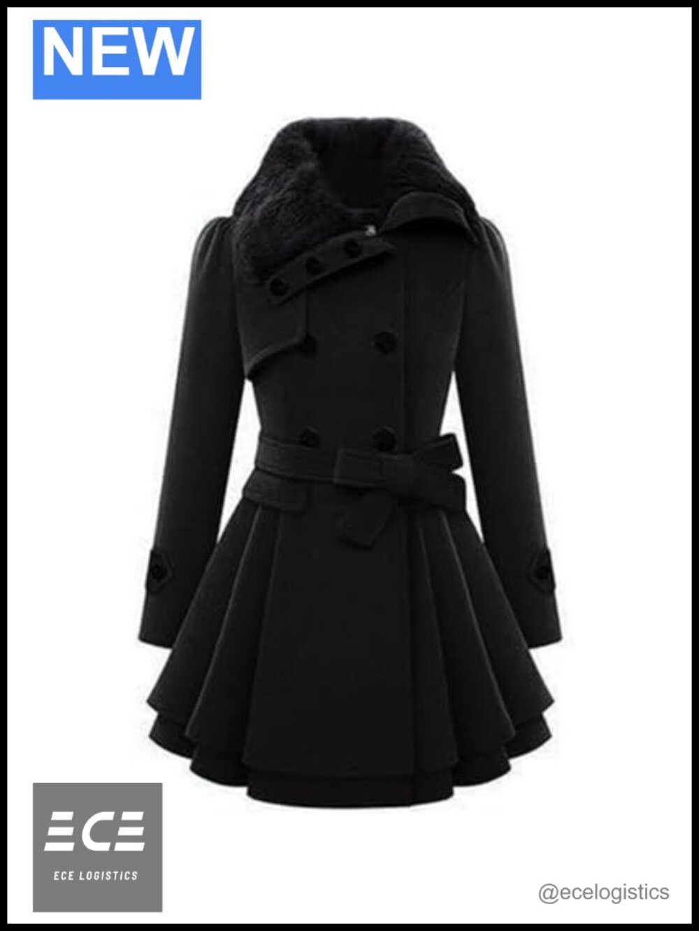 Faux Fur Collar Double Breasted Flare Trench Coat